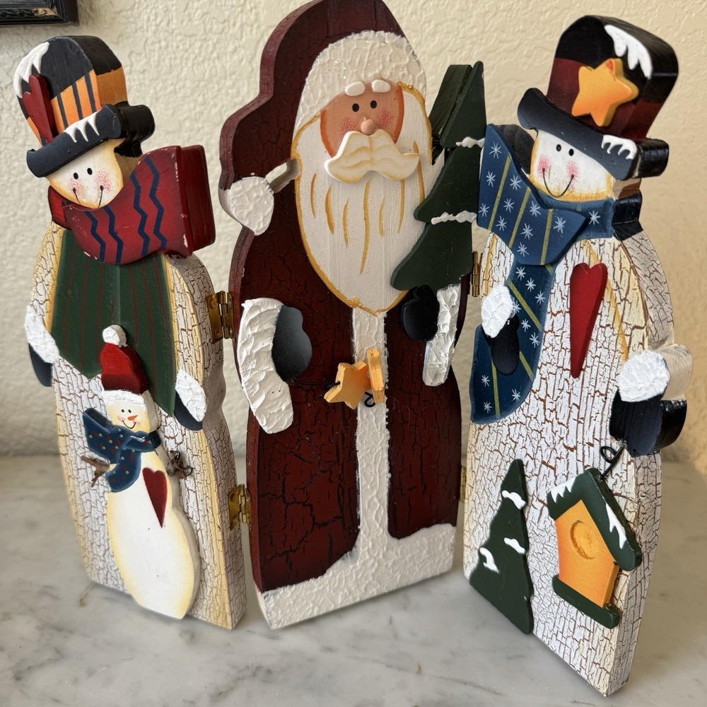 3 Panel Hinged Snowman Santa Folding‎ Christmas Decoration Rustic, Painted Wood